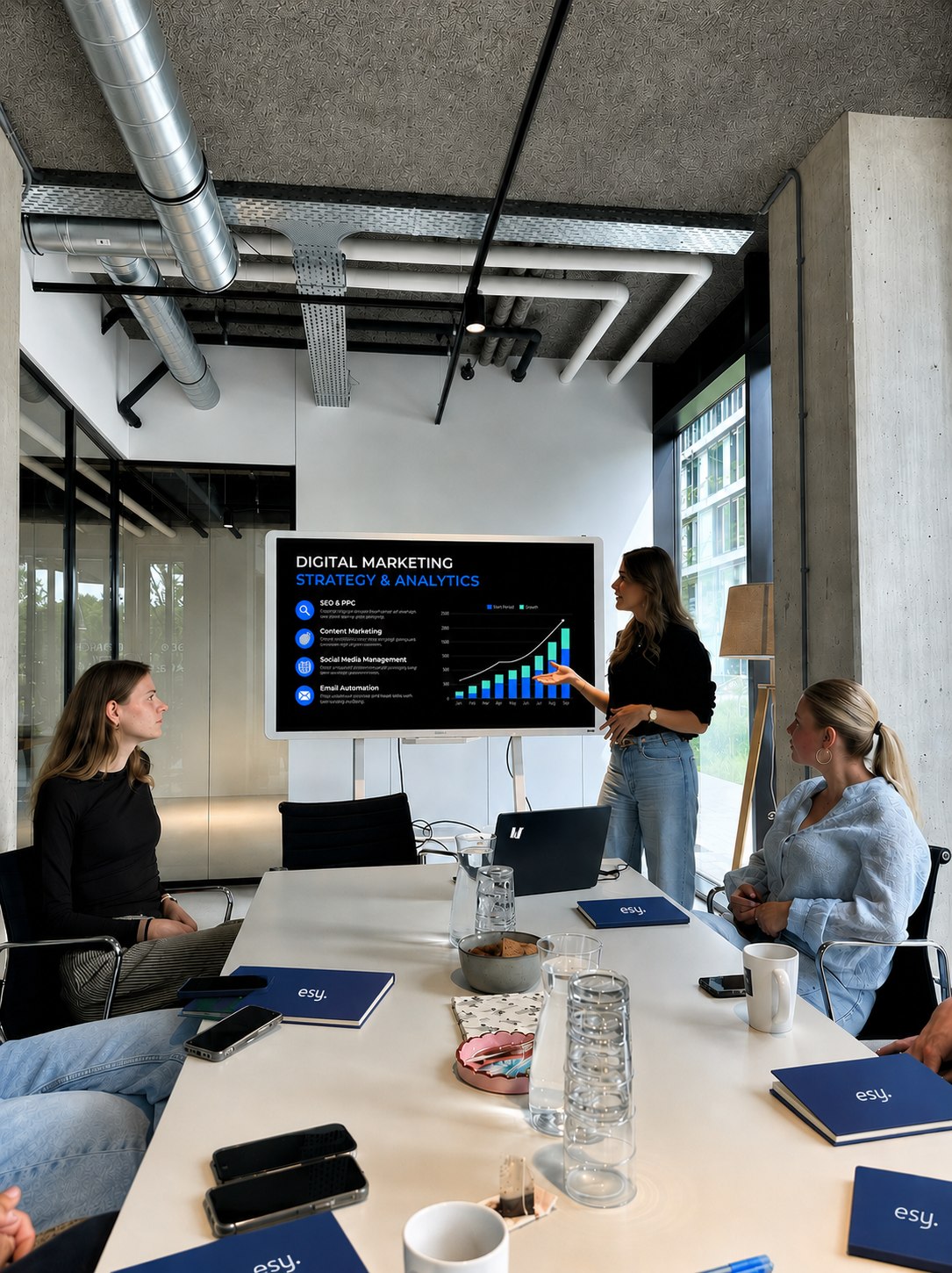 Team presenting marketing strategy and analytics